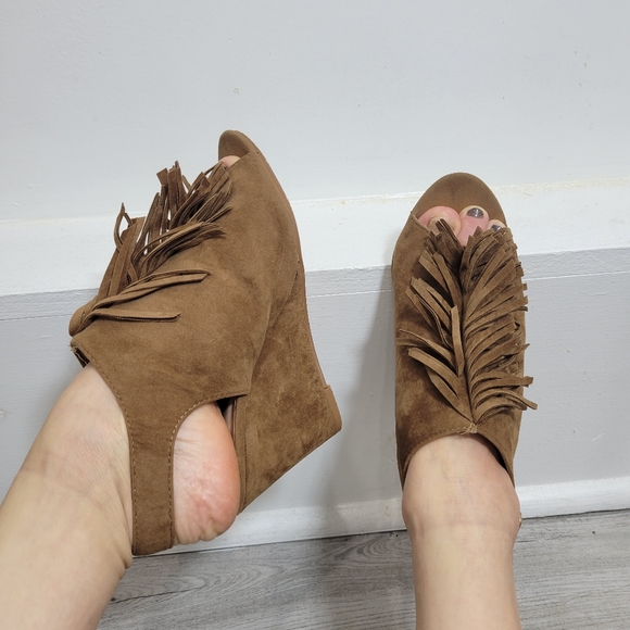 Open Back Cowgirl Fringed Open Toed Brown Suede Sandal Wedges size 6.5 - Picture 8 of 10